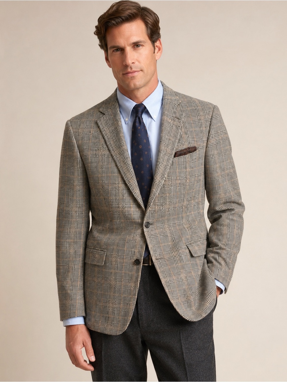 Brooks Brothers 44L 100% Camel Hair Sport Coat Glen Plaid Brown Gray USA Classic